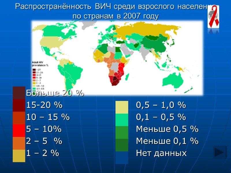 Распространённость ВИЧ среди взрослого населения по странам в 2007 году Больше 20 % 15-20 Распространённость ВИЧ среди взрослого населения по странам в 2007 году Больше 20 % 15-20